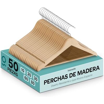 SereneLife Home Perchas Madera, Ropa, Pack de 50, Antideslizantes, con Gancho Giratorio de 360° SereneLife Home Perchas Madera, Ropa, Pack de 50, Antideslizantes, con Gancho Giratorio de 360°