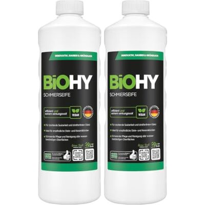 BIOHY Jabón lubricante (2 botellas de 1 litro) concentrado para suelos Aplicable a todas las superficies delicadas Caucho, linóleo, parqué, PVC, piedra (Schmierseife) BIOHY Jabón lubricante (2 botellas de 1 litro) concentrado para suelos Aplicable a todas las superficies delicadas Caucho, linóleo, parqué, PVC, piedra (Schmierseife)
