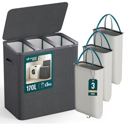 VOUNOT ® Cesto Ropa Sucia con Tapa 170L Cesta para la Colada 3 Compartimentos Cubo Ropa Sucia Plegable con Bolsas Interiores Extraíbles y Asas Laundry Basket para Lavandería Dormitorio Baño Antracita VOUNOT ® Cesto Ropa Sucia con Tapa 170L Cesta para la Colada 3 Compartimentos Cubo Ropa Sucia Plegable con Bolsas Interiores Extraíbles y Asas Laundry Basket para Lavandería Dormitorio Baño Antracita