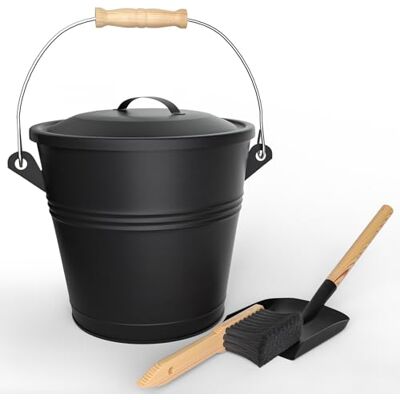 VOUNOT ® Cubo Cenizas con Tapa y Set Barrido 5L Contenedor Ceniza con Asa, Pala y Escoba de Mano, Accesorios para Chimenea Estufa, Recipiente con Asas para Carbón y Restos de Leña, Metálico, Negro VOUNOT ® Cubo Cenizas con Tapa y Set Barrido 5L Contenedor Ceniza con Asa, Pala y Escoba de Mano, Accesorios para Chimenea Estufa, Recipiente con Asas para Carbón y Restos de Leña, Metálico, Negro