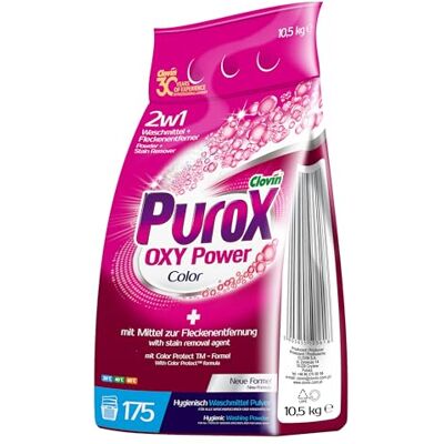 Clovin Purox Purox OXY Power Color Detergente en polvo en bolsa de aluminio, detergente para todo tipo de tejidos, elimina manchas, respetuoso con el medio ambiente, protege contra la cal, 10,5 kg Clovin Purox Purox OXY Power Color Detergente en polvo en bolsa de aluminio, detergente para todo tipo de tejidos, elimina manchas, respetuoso con el medio ambiente, protege contra la cal, 10,5 kg