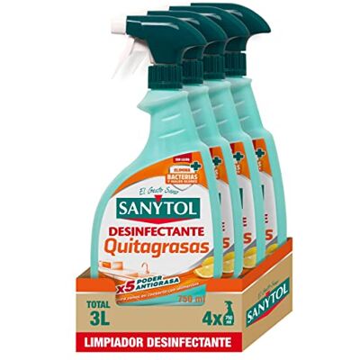 Sanytol Limpiador Desinfectante Quitagrasas Para Cocina, Limpia, Elimina Bacterias, Hongos y Virus Sin Lejía, 100% Poder Antigrasa, Perfume Limón Pack de 4 x 750 ml = 3 L Sanytol Limpiador Desinfectante Quitagrasas Para Cocina, Limpia, Elimina Bacterias, Hongos y Virus Sin Lejía, 100% Poder Antigrasa, Perfume Limón Pack de 4 x 750 ml = 3 L