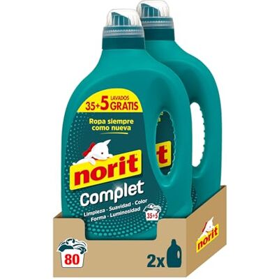 NORIT Complet Detergente Líquido para Toda la Ropa, Máxima Limpieza y Luminosidad, Cuida y Suaviza el Tejido, Mantiene Aspecto, Forma y Color Tras Lavado Pack de 2 x 2 L NORIT Complet Detergente Líquido para Toda la Ropa, Máxima Limpieza y Luminosidad, Cuida y Suaviza el Tejido, Mantiene Aspecto, Forma y Color Tras Lavado Pack de 2 x 2 L