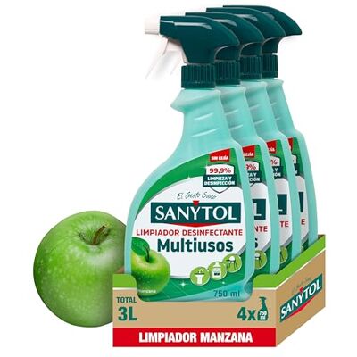 Sanytol Limpiador Desinfectante Multiusos Manzana, Elimina el 99,9% de Gérmenes, Eficaz contra Bacterias, Hongos y Virus, Sin Lejía, No Mancha Textiles, Testado Dermatológicamente 4 x 750 ml Sanytol Limpiador Desinfectante Multiusos Manzana, Elimina el 99,9% de Gérmenes, Eficaz contra Bacterias, Hongos y Virus, Sin Lejía, No Mancha Textiles, Testado Dermatológicamente 4 x 750 ml