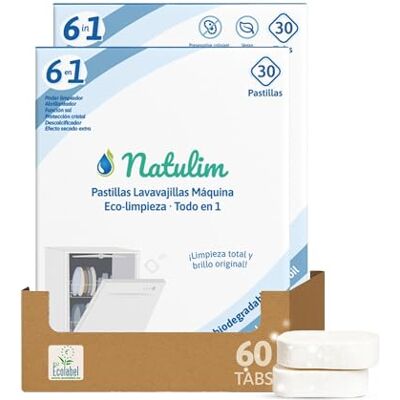 Natulim Pastillas de Lavavajillas 6 Usos 2 Pack Biodegradables e Hidrosolubles 6 en 1 Limpieza Profunda, Abrillantador, Función Sal, Protección Cristal, Descalcificador Natulim Pastillas de Lavavajillas 6 Usos 2 Pack Biodegradables e Hidrosolubles 6 en 1 Limpieza Profunda, Abrillantador, Función Sal, Protección Cristal, Descalcificador