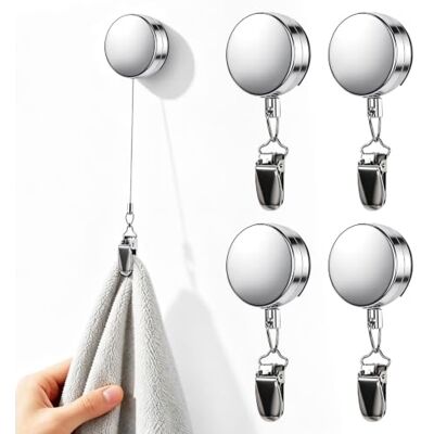 KUHAWL 4 pinzas para toallas, pinzas de metal para toallas de cocina con cuerda extensible, autoadhesiva, sin agujeros, para cocina, baño, caravana, camping organización KUHAWL 4 pinzas para toallas, pinzas de metal para toallas de cocina con cuerda extensible, autoadhesiva, sin agujeros, para cocina, baño, caravana, camping organización