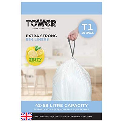 TOWER 42-58L Bolsas de basura con cordón de ajuste, aroma a limón, 20 unidades, color blanco TOWER 42-58L Bolsas de basura con cordón de ajuste, aroma a limón, 20 unidades, color blanco