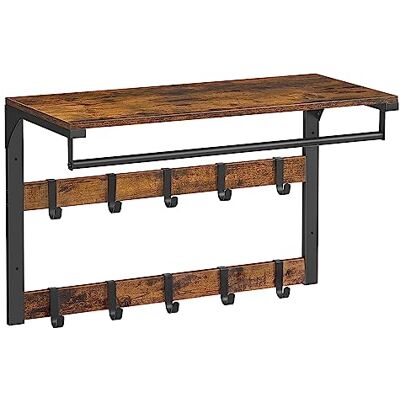 VASAGLE Perchero de Pared, Perchero Colgante con 10 Ganchos Extraíbles, Doble Fila de Ganchos y Barra de Colgar, para Pasillo, Dormitorio, Baño, Marrón Rústico y Negro VASAGLE Perchero de Pared, Perchero Colgante con 10 Ganchos Extraíbles, Doble Fila de Ganchos y Barra de Colgar, para Pasillo, Dormitorio, Baño, Marrón Rústico y Negro