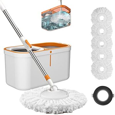 YOUSHANGJIA Juego de fregona giratoria y Cubo con Sistema de escurridor, Mango extendido de Acero Inoxidable de 61 Pulgadas para Uso de Limpieza de Pisos en el hogar con 5 Cabezales de Repuesto y 1 Cabezal de YOUSHANGJIA Juego de fregona giratoria y Cubo con Sistema de escurridor, Mango extendido de Acero Inoxidable de 61 Pulgadas para Uso de Limpieza de Pisos en el hogar con 5 Cabezales de Repuesto y 1 Cabezal de