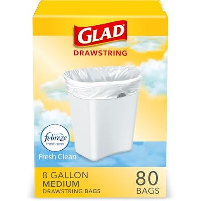 Glad Febreze Bolsas de basura medianas, 30,3 l, bolsas de basura frescas y limpias, con control de olores y cordón, 80 unidades Glad Febreze Bolsas de basura medianas, 30,3 l, bolsas de basura frescas y limpias, con control de olores y cordón, 80 unidades