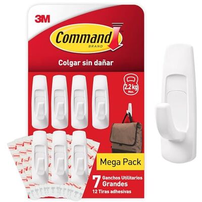 Command Gancho , Blanco, Grande, 7 ganchos + 12 tiras Command Gancho , Blanco, Grande, 7 ganchos + 12 tiras