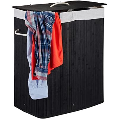Relaxdays Cesto Ropa Sucia con Tapa y 2 Compartimentos, Cubo Colada Plegable, Canasta, Bambú, 95 L, Negro Relaxdays Cesto Ropa Sucia con Tapa y 2 Compartimentos, Cubo Colada Plegable, Canasta, Bambú, 95 L, Negro