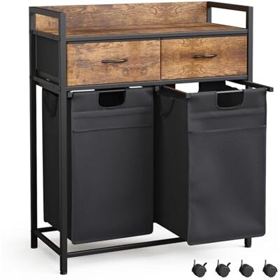 Mondeer Cestas de lavandería de 2 secciones con 2 cajones, clasificador de ropa sucia de 100 litros con ruedas, bolsas extraíbles extraíbles, marrón rústico y negro Mondeer Cestas de lavandería de 2 secciones con 2 cajones, clasificador de ropa sucia de 100 litros con ruedas, bolsas extraíbles extraíbles, marrón rústico y negro