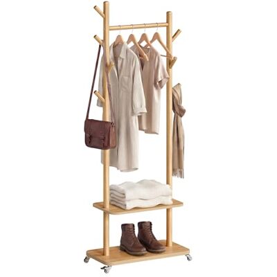 VASAGLE Perchero de Pie, con 7 Ganchos y 2 Estantes, 4 Ruedas Giratorias 360° Extraíbles, Ganchos y Postes de Madera, para Entrada, Dormitorio, Sala de Estar, Natural VASAGLE Perchero de Pie, con 7 Ganchos y 2 Estantes, 4 Ruedas Giratorias 360° Extraíbles, Ganchos y Postes de Madera, para Entrada, Dormitorio, Sala de Estar, Natural