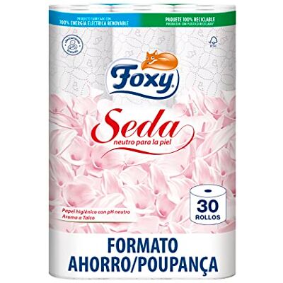 Foxy Seda Papel higiénico 30 rollos 173 servicios por cada rollo Neutro para la piel Certificación FSC 100% Energía eléctrica renovable Paquete reciclable producido con plástico reciclado Foxy Seda Papel higiénico 30 rollos 173 servicios por cada rollo Neutro para la piel Certificación FSC 100% Energía eléctrica renovable Paquete reciclable producido con plástico reciclado