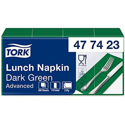 Tork Soft Lunch/Servilletas para almuerzo de dos capas/plegado americano 1/8 / color verde oscuro /10 paquetes x 200 unidades (2000 servilletas) / 33 cm x 33 cm/Advanced Tork Soft Lunch/Servilletas para almuerzo de dos capas/plegado americano 1/8 / color verde oscuro /10 paquetes x 200 unidades (2000 servilletas) / 33 cm x 33 cm/Advanced