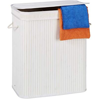 Relaxdays Cesto Ropa Sucia Rectangular con 2 Compartimentos, Cubo Colada, Canasta con Tapa, Bambú, 95 L, Blanco Relaxdays Cesto Ropa Sucia Rectangular con 2 Compartimentos, Cubo Colada, Canasta con Tapa, Bambú, 95 L, Blanco