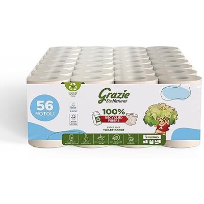 Grazie EcoNatural Grazie Natural, Papel Higiénico EcoNatural, 56 Rollos, Papel Higiénico Reciclado Fiberpack 100% Ecológico, Respeta el Medio Ambiente, Certificado Ecolabel y FSC Recycled, Made in Italy Grazie EcoNatural Grazie Natural, Papel Higiénico EcoNatural, 56 Rollos, Papel Higiénico Reciclado Fiberpack 100% Ecológico, Respeta el Medio Ambiente, Certificado Ecolabel y FSC Recycled, Made in Italy