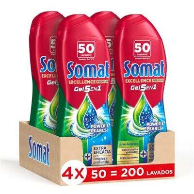 Somat Excellence Gel Anti-Grasa 50 Dosis (pack de 4, total: 200 lavados), detergente lavavajillas líquido automático en botella, jabón para platos con desengrasantes activos Somat Excellence Gel Anti-Grasa 50 Dosis (pack de 4, total: 200 lavados), detergente lavavajillas líquido automático en botella, jabón para platos con desengrasantes activos