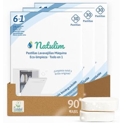 Natulim Pastillas de Lavavajillas 90 Usos 3 Pack Biodegradables e Hidrosolubles 6 en 1 Limpieza Profunda, Abrillantador, Función Sal, Protección Cristal, Descalcificador Natulim Pastillas de Lavavajillas 90 Usos 3 Pack Biodegradables e Hidrosolubles 6 en 1 Limpieza Profunda, Abrillantador, Función Sal, Protección Cristal, Descalcificador