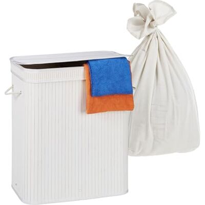 Relaxdays Cesto de Ropa con Tapa y 2 Compartimentos en bambú, Plegable, 100 L, 60x52x32 cm, Blanco Relaxdays Cesto de Ropa con Tapa y 2 Compartimentos en bambú, Plegable, 100 L, 60x52x32 cm, Blanco