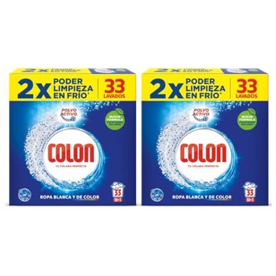 Colon Polvo Activo Detergente para lavadora, adecuado para ropa blanca y de color, formato polvo -Pack 2x 33 dosis, 66 Dosis Colon Polvo Activo Detergente para lavadora, adecuado para ropa blanca y de color, formato polvo -Pack 2x 33 dosis, 66 Dosis