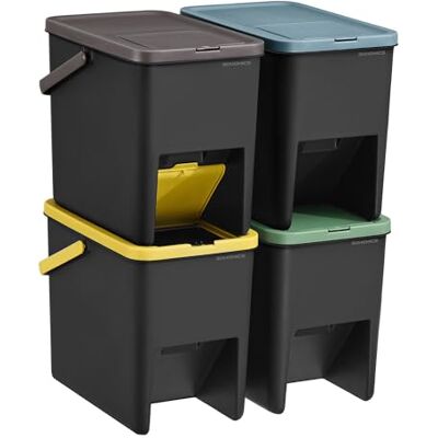 SONGMICS Cubo de Basura, Juego de 4 Cubos Apilables, Papeleras, 20 L Cada, Sistema de Separación Residuos, Tapas Apertura a Presión, Pegatinas, Almacenaje, Amarillo, Azul, Marrón y Verde SONGMICS Cubo de Basura, Juego de 4 Cubos Apilables, Papeleras, 20 L Cada, Sistema de Separación Residuos, Tapas Apertura a Presión, Pegatinas, Almacenaje, Amarillo, Azul, Marrón y Verde