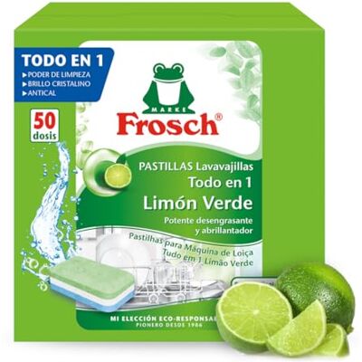 Frosch Pastillas Lavavajillas Todo en 1 Limón Detergente + Abrillantador + Sal Sin Fosfatos Eficaz 45°C Brillo Extra Protección Cristal 50 Dosis Frosch Pastillas Lavavajillas Todo en 1 Limón Detergente + Abrillantador + Sal Sin Fosfatos Eficaz 45°C Brillo Extra Protección Cristal 50 Dosis