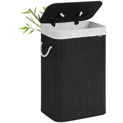 SONGMICS Cesto de la Ropa Sucia con Tapa, 72 L, Cesta de Lavandería de Bambú, Plegable, con Bolsa Lavable Extraíble, Asas, para Lavandería, Dormitorio, Negro SONGMICS Cesto de la Ropa Sucia con Tapa, 72 L, Cesta de Lavandería de Bambú, Plegable, con Bolsa Lavable Extraíble, Asas, para Lavandería, Dormitorio, Negro