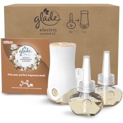 Glade Ambientador Eléctrico Líquido Regulable Sensual Sandalwood & Jasmine, Dura Hasta 240 Días, con Aceites Esenciales, Pack 1 Difusor + 2 Recambios Glade Ambientador Eléctrico Líquido Regulable Sensual Sandalwood & Jasmine, Dura Hasta 240 Días, con Aceites Esenciales, Pack 1 Difusor + 2 Recambios