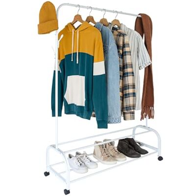 Relaxdays Perchero rodante , HxBxT: 160 x 110 x 40 cm, 2 estantes, Ganchos Laterales, Hierro, Carro de Ropa, Blanco Relaxdays Perchero rodante , HxBxT: 160 x 110 x 40 cm, 2 estantes, Ganchos Laterales, Hierro, Carro de Ropa, Blanco