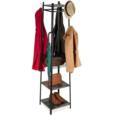 Relaxdays Perchero , 3 estantes y 8 Ganchos, HBT: 181 x 43 x 43 cm, Perchero con cesto, Entrada, Metal, Negro-Gris Relaxdays Perchero , 3 estantes y 8 Ganchos, HBT: 181 x 43 x 43 cm, Perchero con cesto, Entrada, Metal, Negro-Gris