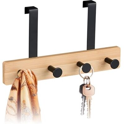 Relaxdays Perchero, 4 Ganchos, Percha Baño para Colgar, para Puertas de 2 cm, Bambú y Metal, Ropa, Negro/Natural, Acero, 15,5 x 28 x 7 cm Relaxdays Perchero, 4 Ganchos, Percha Baño para Colgar, para Puertas de 2 cm, Bambú y Metal, Ropa, Negro/Natural, Acero, 15,5 x 28 x 7 cm
