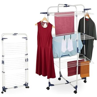 Relaxdays Tendedero Torre, Plegable, con Ruedas, 3 Niveles, 33 m de Secado, 135 x 70 x 70 cm, Tenderete, Blanco/Azul Relaxdays Tendedero Torre, Plegable, con Ruedas, 3 Niveles, 33 m de Secado, 135 x 70 x 70 cm, Tenderete, Blanco/Azul
