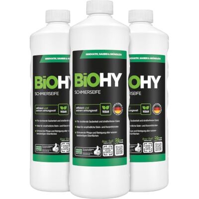 BIOHY Jabón lubricante (3 botellas de 1 litro) concentrado para suelos Aplicable a todas las superficies delicadas Caucho, linóleo, parqué, PVC, piedra (Schmierseife) BIOHY Jabón lubricante (3 botellas de 1 litro) concentrado para suelos Aplicable a todas las superficies delicadas Caucho, linóleo, parqué, PVC, piedra (Schmierseife)