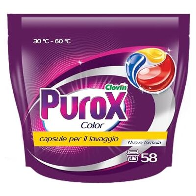 Clovin Purox Purox Tricocaps Cápsulas Color de detergente, potente eliminación de manchas, limpieza profunda con frescura duradera, 58 lavados, 58 unidades x 13 gramos, Doypack Clovin Purox Purox Tricocaps Cápsulas Color de detergente, potente eliminación de manchas, limpieza profunda con frescura duradera, 58 lavados, 58 unidades x 13 gramos, Doypack