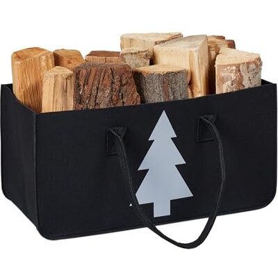 Relaxdays Bolsa para Leña, 28l, Cesta de Almacenaje de Madera XXL, Dibujo de Pino, Fieltro, 25x50x25 cm, Negro y Blanco Relaxdays Bolsa para Leña, 28l, Cesta de Almacenaje de Madera XXL, Dibujo de Pino, Fieltro, 25x50x25 cm, Negro y Blanco