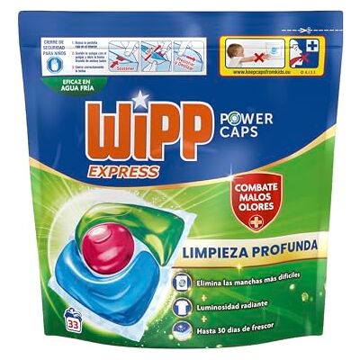 Wipp Express Power Caps Higiene y Antiolores Detergente en Cápsulas para Lavadora, 33 Dosis, Limpieza Profunda, Eficaz en agua fría Wipp Express Power Caps Higiene y Antiolores Detergente en Cápsulas para Lavadora, 33 Dosis, Limpieza Profunda, Eficaz en agua fría