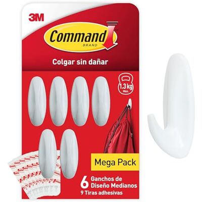 Command Ganchos de Diseño Medianos, Blanco 6 Ganchos y 9 Tiras Medianas para Interior Organizar sin Dejar Marcas Command Ganchos de Diseño Medianos, Blanco 6 Ganchos y 9 Tiras Medianas para Interior Organizar sin Dejar Marcas