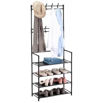 Relaxdays Perchero con 4 estantes para Zapatos, 2 Barras con Ganchos, recibidor, Acero Negro 150,5 x 59,5 x 25 cm Relaxdays Perchero con 4 estantes para Zapatos, 2 Barras con Ganchos, recibidor, Acero Negro 150,5 x 59,5 x 25 cm