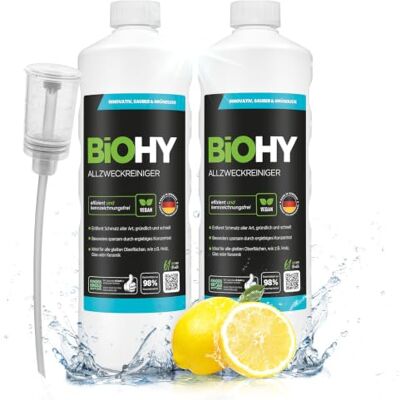 BIOHY Limpiador multiuso (2 botellas de 1 litro) + Dosificador Limpiador multiusos para suelos y hogar concentrado antical de aplicación universal (Allzweckreiniger) BIOHY Limpiador multiuso (2 botellas de 1 litro) + Dosificador Limpiador multiusos para suelos y hogar concentrado antical de aplicación universal (Allzweckreiniger)