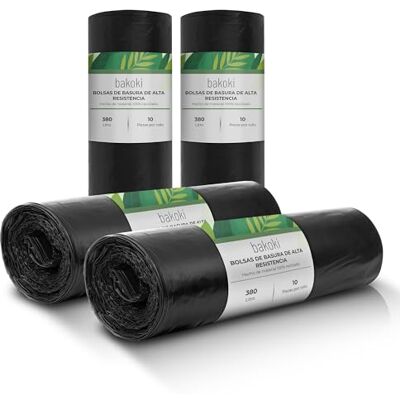 BAKOKI Bolsas de basura de 380 l, extremadamente resistentes, extrafuertes, ideales para el hogar, el jardín y la empresa, 4 rollos de 10 unidades, bolsas de basura resistentes para renovación y BAKOKI Bolsas de basura de 380 l, extremadamente resistentes, extrafuertes, ideales para el hogar, el jardín y la empresa, 4 rollos de 10 unidades, bolsas de basura resistentes para renovación y