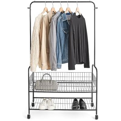 Relaxdays Perchero móvil , 2 estantes, Barra para Ropa, Ganchos, HBT 165 x 90 x 30 cm, rollador, Negro Relaxdays Perchero móvil , 2 estantes, Barra para Ropa, Ganchos, HBT 165 x 90 x 30 cm, rollador, Negro