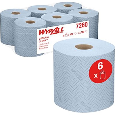 Wypall L20 General Clean Paños de papel de color azul para mantenimiento y limpieza, Rollos de dispensación central de 2 capas 6 rollos azules x 550 paños de papel (3300 en total) Wypall L20 General Clean Paños de papel de color azul para mantenimiento y limpieza, Rollos de dispensación central de 2 capas 6 rollos azules x 550 paños de papel (3300 en total)