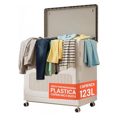 Avilia Cesta para la colada de 123 l con tapa y ruedas, estructura vertical que ahorra espacio para la cesta de la suciedad, fácil de mover y limpiar Avilia Cesta para la colada de 123 l con tapa y ruedas, estructura vertical que ahorra espacio para la cesta de la suciedad, fácil de mover y limpiar