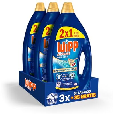 Wipp Express Limpieza Profunda Gel Limpio & Liso (3 x 3150 ml), detergente lavadora líquido que reduce las arrugas, detergente con fórmula quitamanchas ropa apto para agua fría Wipp Express Limpieza Profunda Gel Limpio & Liso (3 x 3150 ml), detergente lavadora líquido que reduce las arrugas, detergente con fórmula quitamanchas ropa apto para agua fría