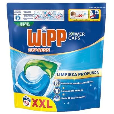 Wipp Express Power Caps (1 x 55), Detergente en cápsulas lavadora que proporciona luminosidad, pastillas lavadora para una limpieza profunda, hasta 30 días de frescor Wipp Express Power Caps (1 x 55), Detergente en cápsulas lavadora que proporciona luminosidad, pastillas lavadora para una limpieza profunda, hasta 30 días de frescor