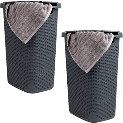 Mind Reader Basket Collection Cesto delgado para la ropa sucia, capacidad de 60 litros, asas recortadas, tapa con bisagras adjunta, ventilada, juego de 2, gris Mind Reader Basket Collection Cesto delgado para la ropa sucia, capacidad de 60 litros, asas recortadas, tapa con bisagras adjunta, ventilada, juego de 2, gris