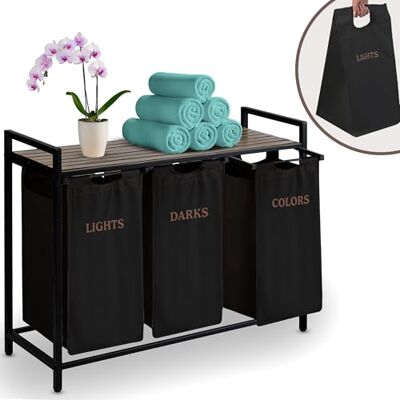 Massido Cesto para la colada con 3 compartimentos, 120 L, con bolsa de lavandería y estante, color negro, 93 x 72 x 32 cm Massido Cesto para la colada con 3 compartimentos, 120 L, con bolsa de lavandería y estante, color negro, 93 x 72 x 32 cm
