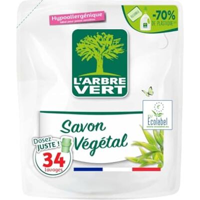 L'Arbre Vert Recharges Lessive Liquide au Savon Végétal Hypoallergénique Sans allergènes 33 lavages 1,5 L Certifiée Écolabel Européen Approuvée par les médecins allergologues de l’ARCAA L'Arbre Vert Recharges Lessive Liquide au Savon Végétal Hypoallergénique Sans allergènes 33 lavages 1,5 L Certifiée Écolabel Européen Approuvée par les médecins allergologues de l’ARCAA